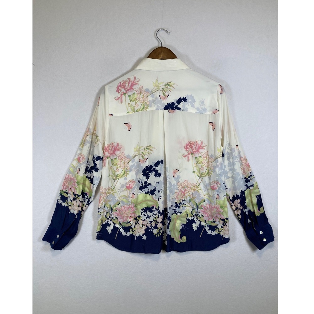 Whimsical Chic Floral Butterfly Blouse Women Medium Ivory Navy Blue Long Sleeve - Picture 2 of 9
